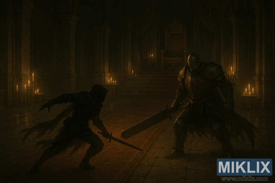 Realistic dark fantasy scene of the Tarnished in Black Knife armor facing Elemer of the Briar with a broad greatsword in a candlelit throne room.