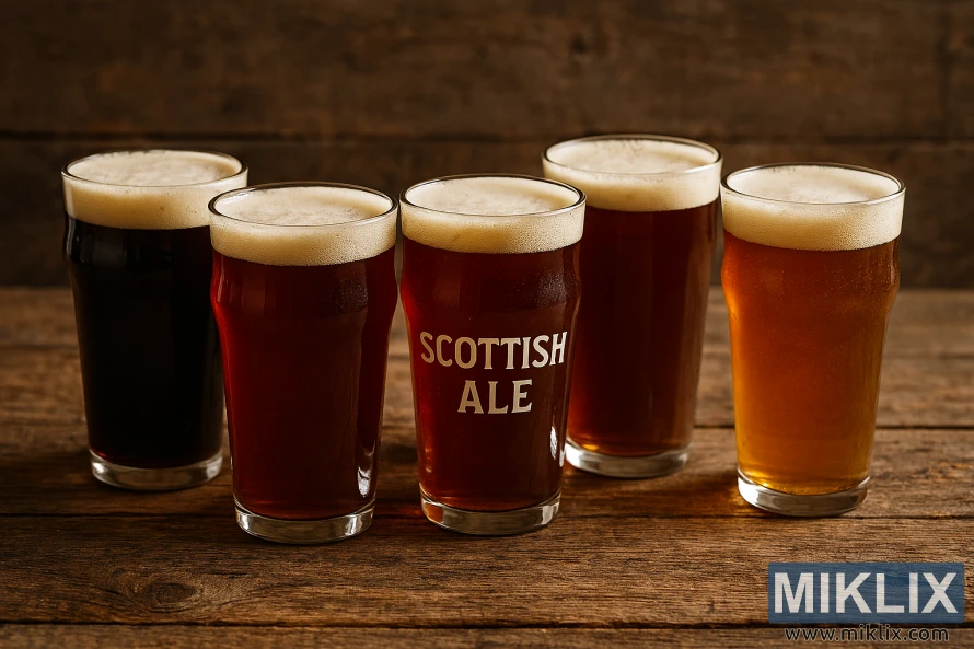 Five glasses of Scottish ales with varying colors and foam heads on a rustic wooden table Five glasses of Scottish ales with varying colors and foam heads on a rustic wooden table