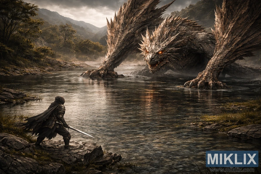 Realistic fantasy landscape of a hooded armored warrior with a sword confronting a gigantic dragon across a shallow lake