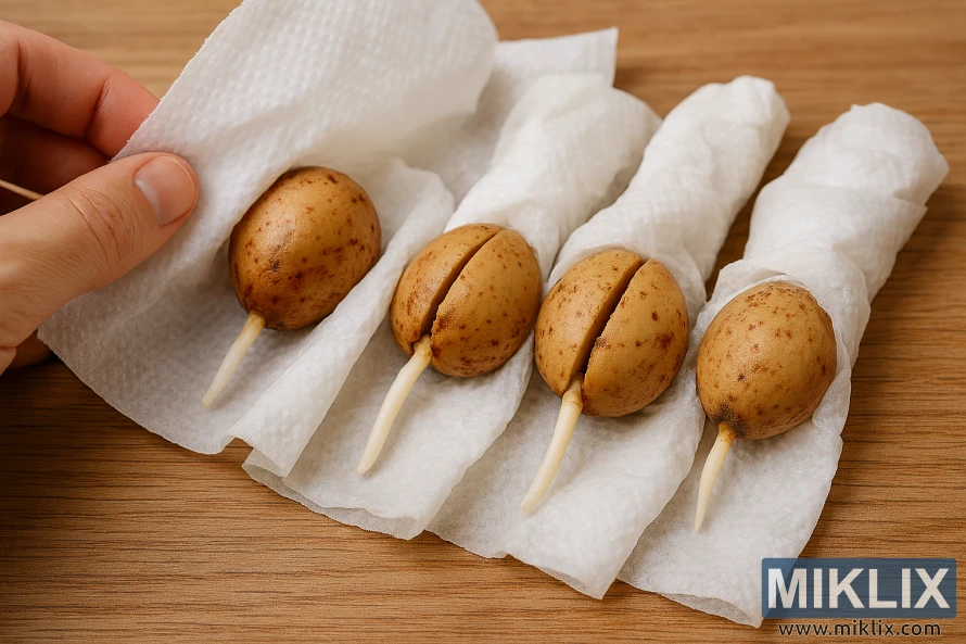 Close-up of avocado seeds wrapped in moist paper towels for germination