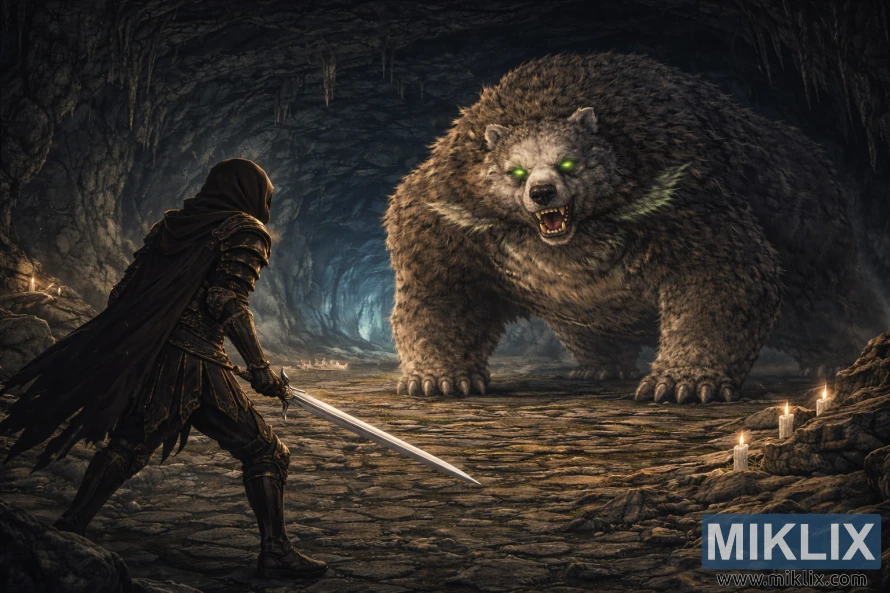 Anime style dark fantasy scene of a hooded armored warrior with a sword facing a gigantic glowing-eyed bear in a vast candle-lit underground cave before battle.