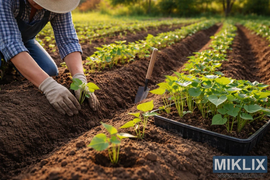 暖かい午後の光の中で、庭師が庭の盛り上がった畝にサツマイモの苗を手で植えている。