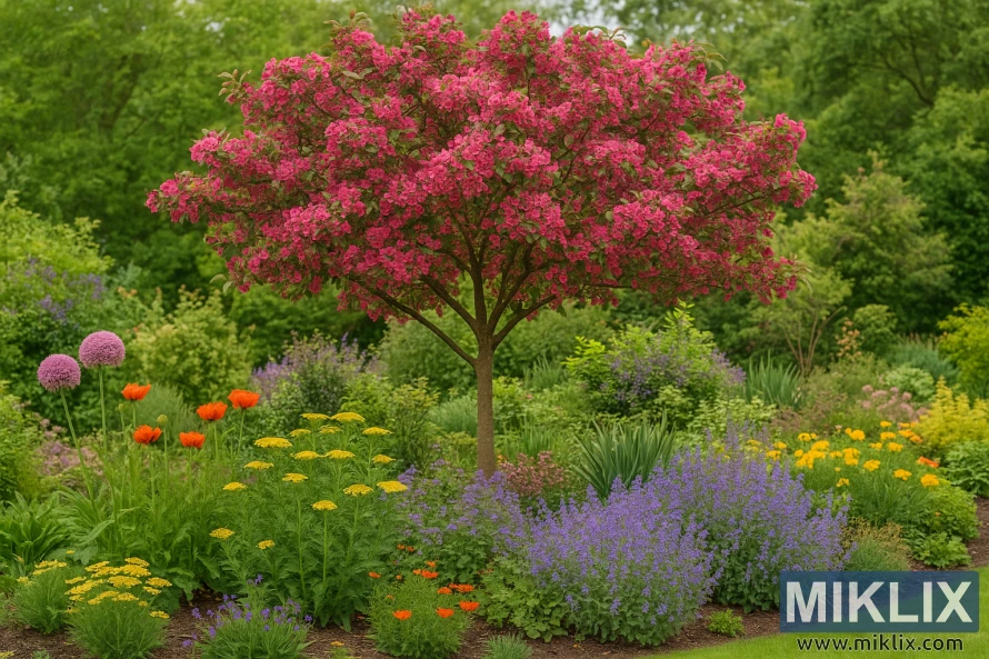 Blooming crabapple tree surrounded by colorful perennials in a lush garden landscape. Blooming crabapple tree surrounded by colorful perennials in a lush garden landscape.