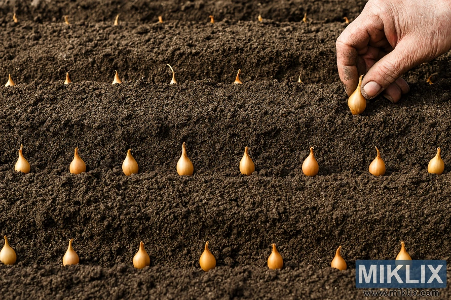 Seorang tukang kebun menanam bibit bawang dalam barisan yang berjarak sama di tanah yang telah dibajak.