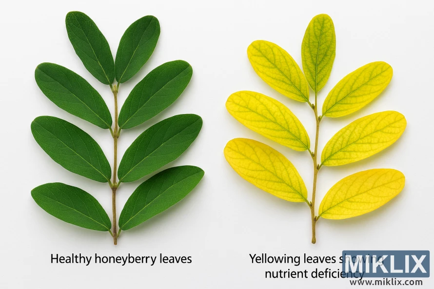 Side-by-side comparison of healthy green honeyberry leaves and yellowing leaves showing nutrient deficiency on a white background. Side-by-side comparison of healthy green honeyberry leaves and yellowing leaves showing nutrient deficiency on a white background.