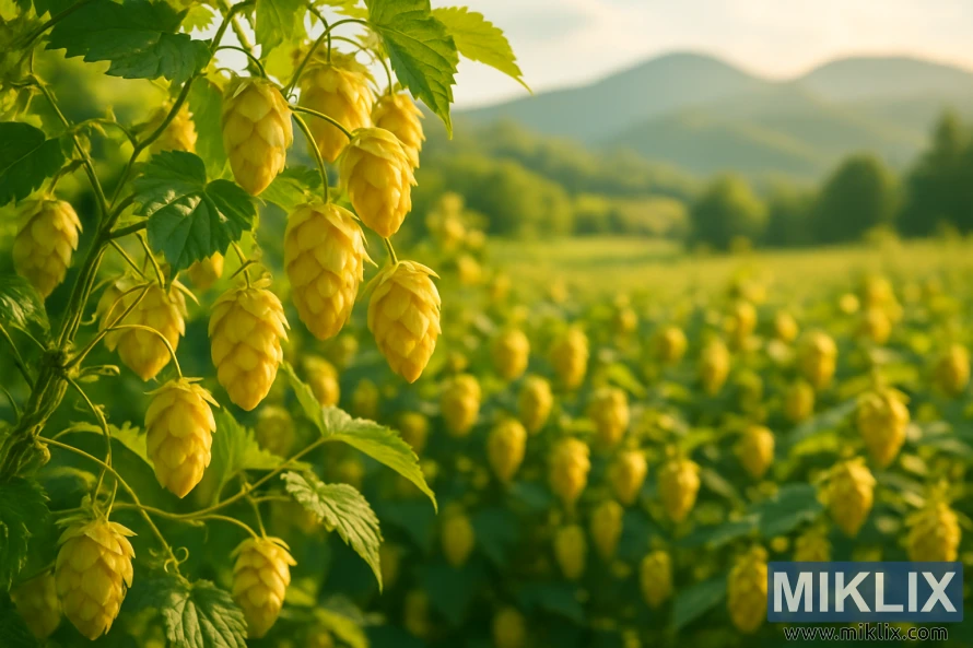 Златни шишарки от хмел, висящи от буйни лози в слънчево поле с хълмове и планини на заден план. Златни шишарки от хмел, висящи от буйни лози в слънчево поле с хълмове и планини на заден план.