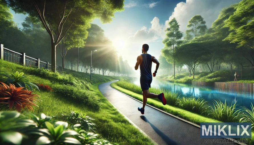 Վազորդը վազում է արևով լուսավորված այգու արահետով՝ շրջապատված փարթամ կանաչ ծառերով և խաղաղ լճով: