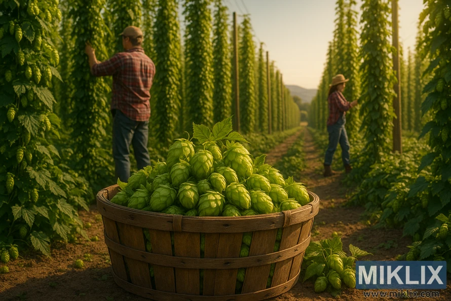 Радници ручно беру зрели хмељ на сунцем обасјаној фарми током златног сата.