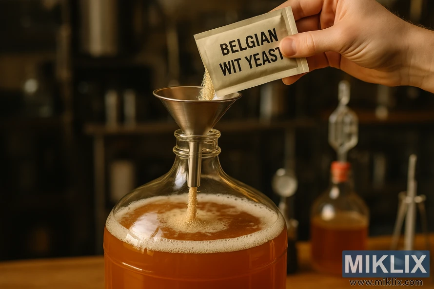 Belgisk vørtergjær helt i en glassballong med ravfarget vørter ved hjelp av en trakt. Belgisk vørtergjær helt i en glassballong med ravfarget vørter ved hjelp av en trakt.