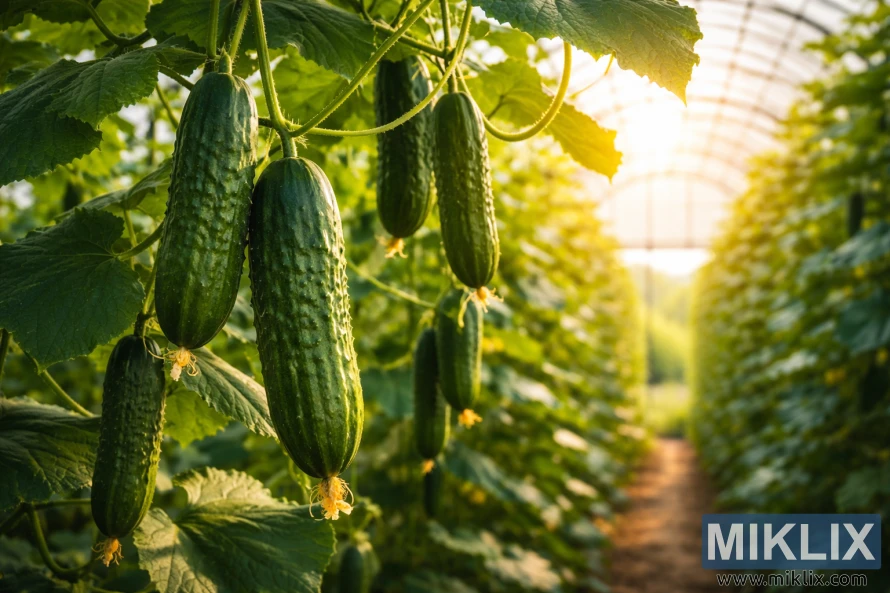 Ripe green cucumbers hanging from vines inside a sunlit greenhouse with lush leaves and rows of plants in the background.