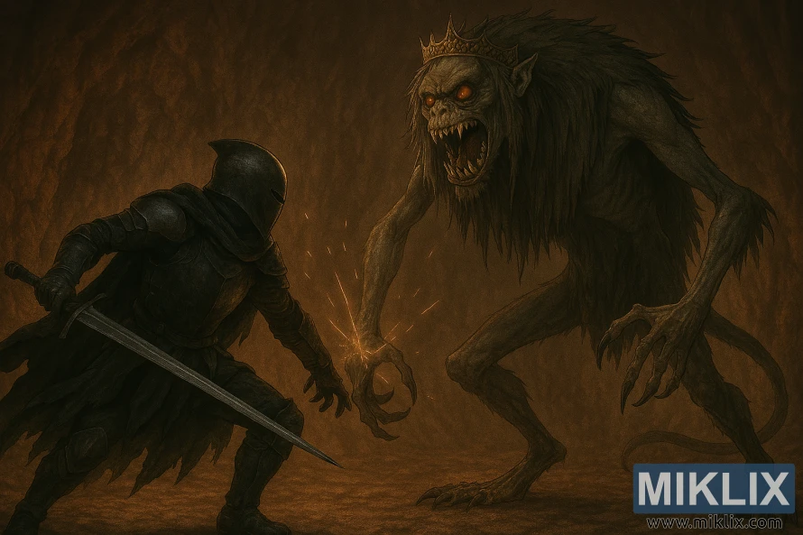 Realistic fantasy art of Tarnished fighting Demi-Human Queen Margot in Elden Ring's Volcano Cave