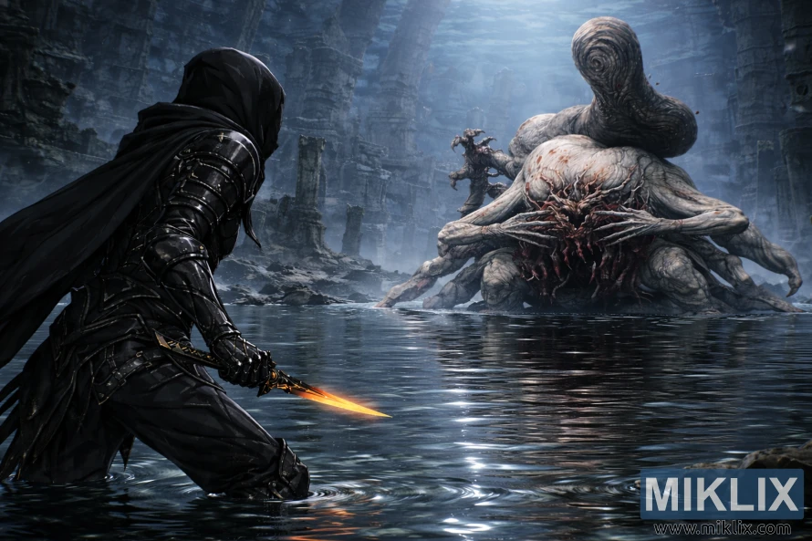 Anime-style fan art showing the Tarnished from behind, standing knee-deep in shallow water while facing the massive Metyr, Mother of Fingers, in the flooded Finger Ruins of Miyr. Anime-style fan art showing the Tarnished from behind, standing knee-deep in shallow water while facing the massive Metyr, Mother of Fingers, in the flooded Finger Ruins of Miyr.