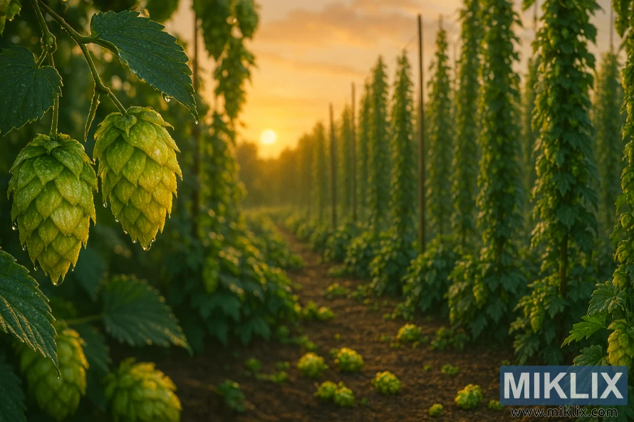 Close-up dew-covered hop cones in the foreground with trellised hop rows and a warm sunset in the background. Close-up dew-covered hop cones in the foreground with trellised hop rows and a warm sunset in the background.