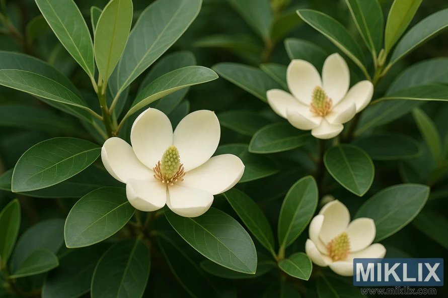 Close-up of a Sweetbay Magnolia tree with creamy white blossoms and glossy green leaves showing silvery undersides.