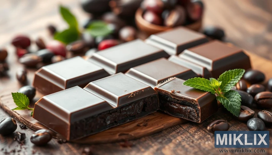 Tumšās šokolādes tāfelīte ar spīdīgu iekšpusi uz koka virsmas, ko ieskauj kakao pupiņas, ogas un piparmētra.