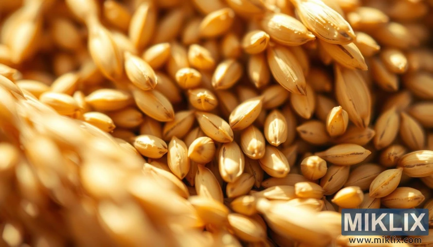 गर्म प्रकाश में जटिल बनावट वाले सुनहरे जौ के दानों का क्लोज-अप। गर्म प्रकाश में जटिल बनावट वाले सुनहरे जौ के दानों का क्लोज-अप।