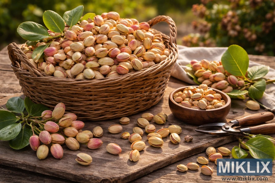 一籃新鮮採摘的自家種植的開心果,擺放在質樸的木桌上,周圍環繞著樹葉和園藝工具,沐浴在溫暖的自然光中。 一籃新鮮採摘的自家種植的開心果,擺放在質樸的木桌上,周圍環繞著樹葉和園藝工具,沐浴在溫暖的自然光中。