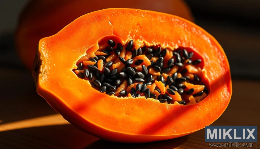 न्यानो प्राकृतिक प्रकाशमा चम्किलो सुन्तला रंगको मासु र कालो बीउ भएको पाकेको मेवाको क्रस-सेक्शन। न्यानो प्राकृतिक प्रकाशमा चम्किलो सुन्तला रंगको मासु र कालो बीउ भएको पाकेको मेवाको क्रस-सेक्शन।