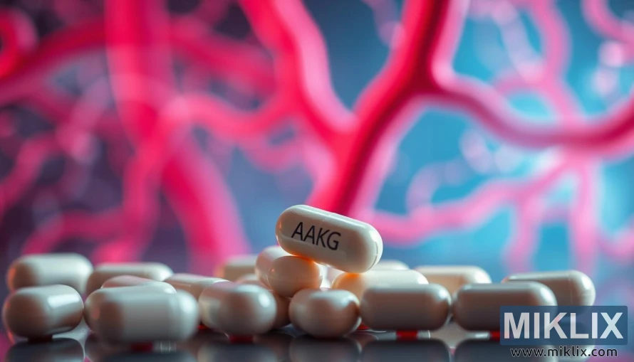 Makrobillede af AAKG-kosttilskud med glødende blodkar i baggrunden. Makrobillede af AAKG-kosttilskud med glødende blodkar i baggrunden.