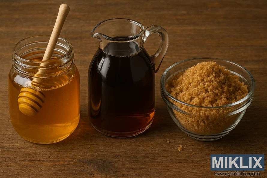 소박한 나무 표면에 꿀, 메이플 시럽, 흑설탕이 진열되어 있습니다.