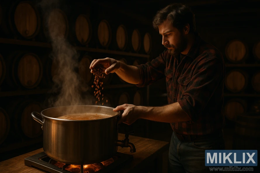 Slabo osvijetljena pivnica s kotlom koji se pari, radnik koji dodaje tostirani slad i hrastove bačve u pozadini.