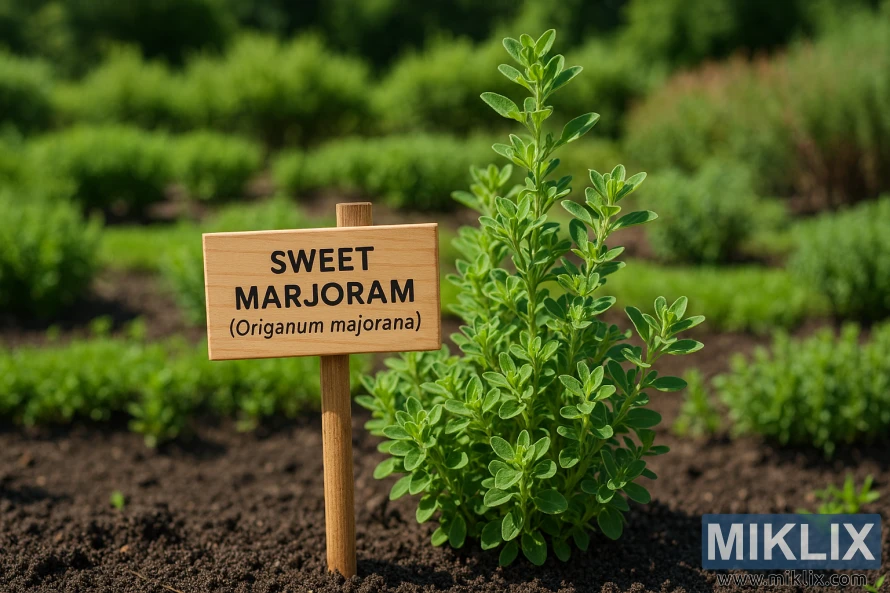 Sweet Marjoram (Origanum majorana) plant growing in a well-kept herb garden on a bright summer day