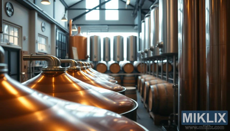 Bryggeriinteriør med kobberkjeler, trefat og høye gjæringstanker under varm belysning.