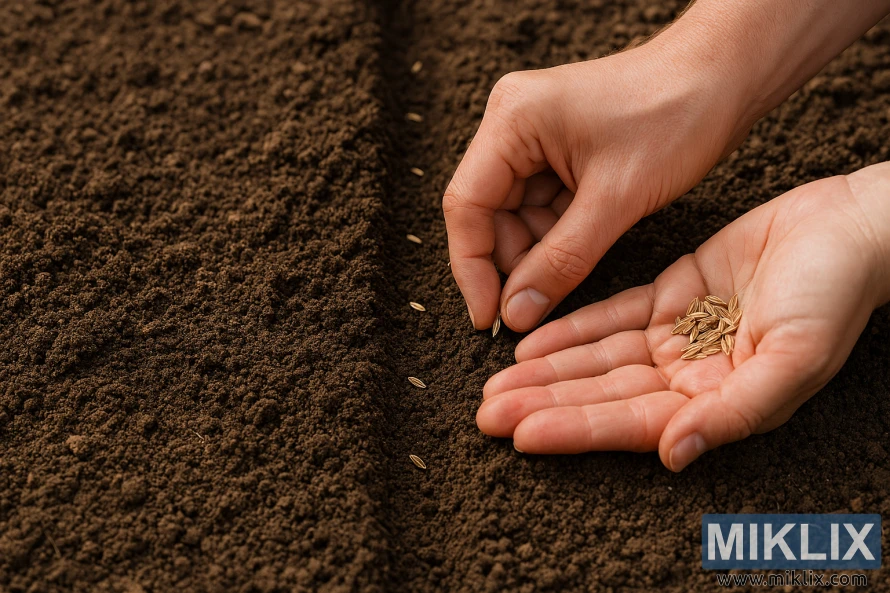 Hands planting fennel seeds in garden soil with proper depth and spacing