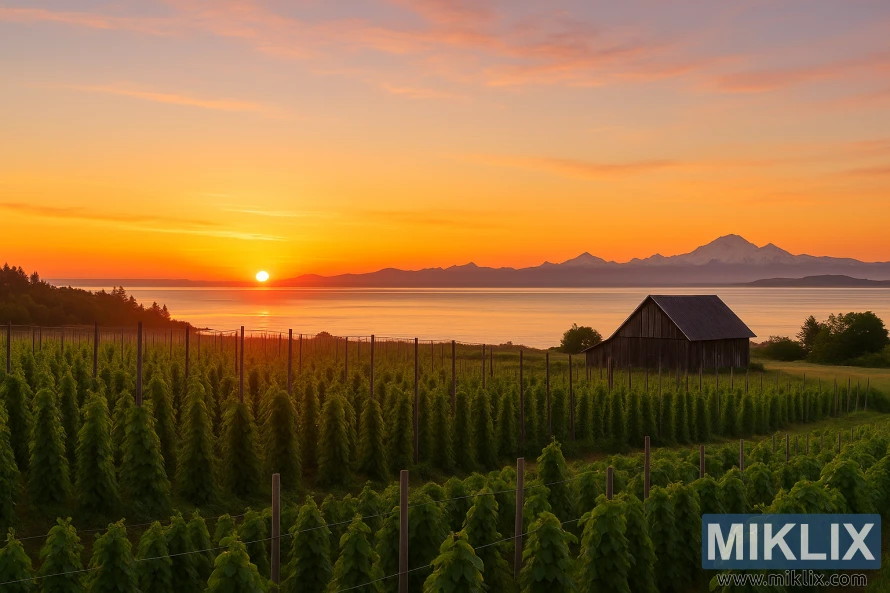 Panoramisk soloppgang over et humleåker ved kysten med en rustikk låve og fjerne snødekte fjell.