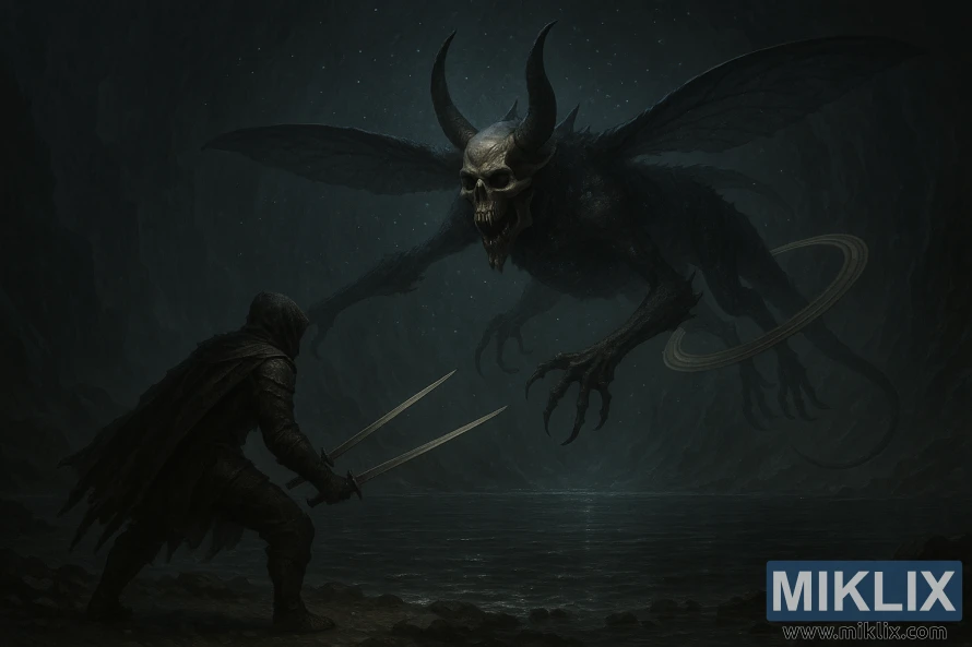 A dark-fantasy scene of a Tarnished warrior facing a horned, mandible-jawed cosmic creature floating over an underground lake. A dark-fantasy scene of a Tarnished warrior facing a horned, mandible-jawed cosmic creature floating over an underground lake.