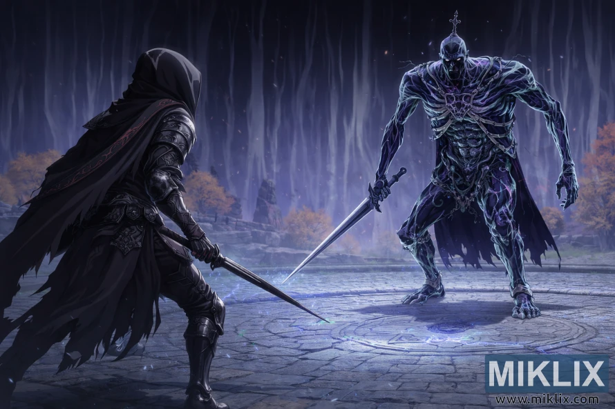 Anime-style illustration of the Tarnished wielding a red-glowing dagger facing the towering spectral Bols, Carian Knight, in Cuckoo’s Evergaol before combat begins. Anime-style illustration of the Tarnished wielding a red-glowing dagger facing the towering spectral Bols, Carian Knight, in Cuckoo’s Evergaol before combat begins.