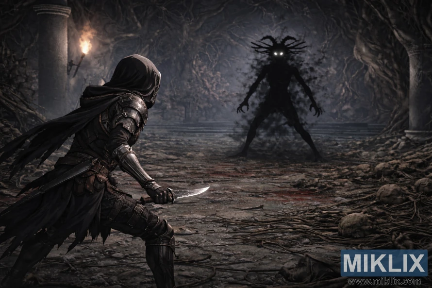 Breë anime-styl Elden Ring-aanhangerkuns wat die Tarnished in Black Knife-pantser van agter wys terwyl hulle na die Begraafplaasskaduwee binne die Black Knife-katakombes kyk.