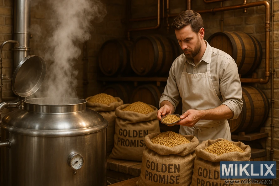 Pivovara s kotlom od nehrđajućeg čelika, parom koja se diže i vrećama slada Golden Promise naslaganim u blizini.