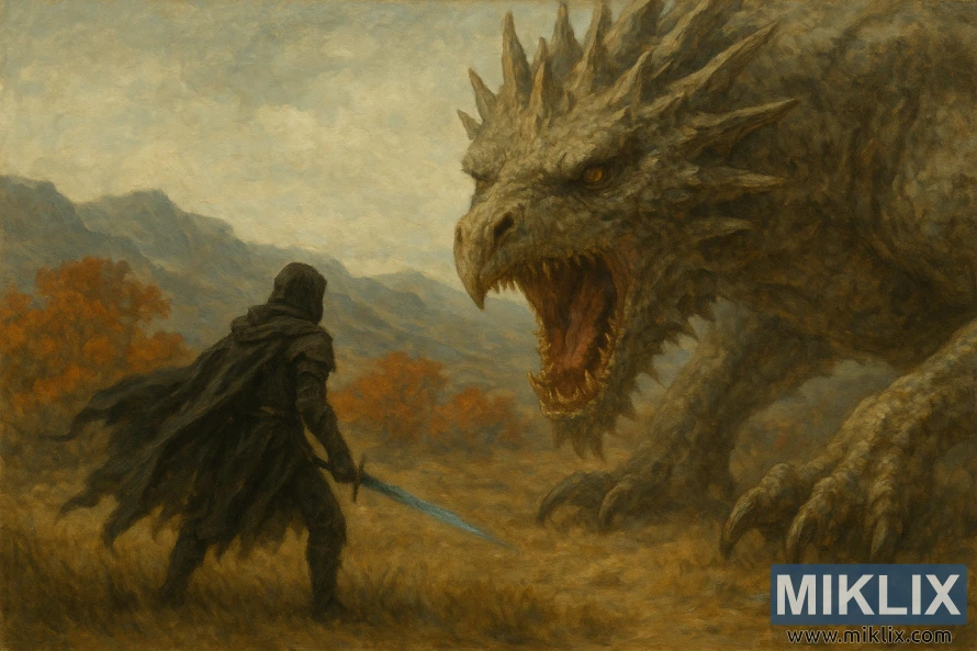 Painterly, semi-realistic oil-style scene of a cloaked warrior facing a roaring elder dragon in a rugged autumn landscape.