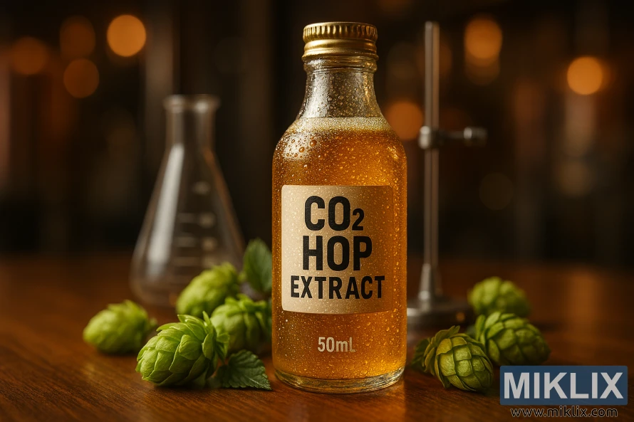 Close-up of golden CO2 hop extract bottle with condensation, surrounded by fresh hop cones and lab tools