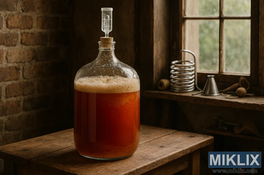 గ్రామీణ గృహోపకరణాల తయారీ గదిలో చెక్క బల్లపై సోర్ ఆలేను పులియబెట్టిన గ్లాస్ కార్బాయ్