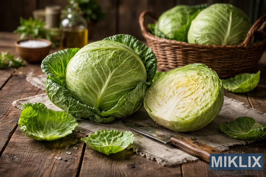 Col verda fresca sencera i tallada per la meitat disposada sobre una taula de fusta rústica amb un ganivet, un bol de sal, una ampolla d'oli d'oliva i una cistella de vímet al fons.
