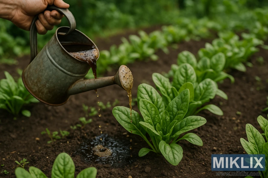 Садовник поливает растения шпината компостным чаем в органическом огороде. Садовник поливает растения шпината компостным чаем в органическом огороде.