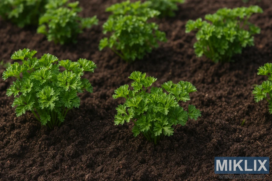Curly parsley plants growing in dark, well-prepared garden soil