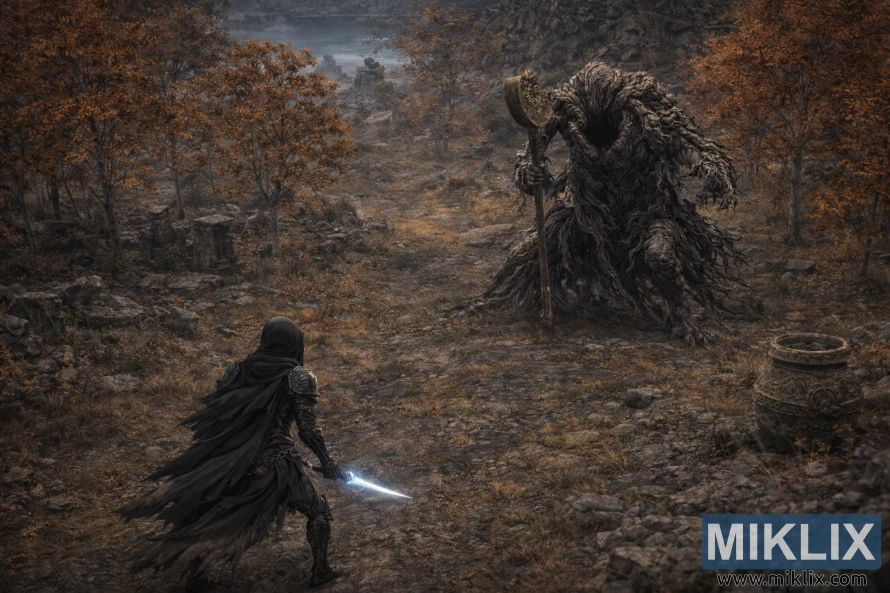 Fan-Art eines Kriegers in Schwarzer-Messer-Rüstung, der dem Erdtree-Avatar im Südwesten von Liurnia, Elden Ring, gegenübersteht. Fan-Art eines Kriegers in Schwarzer-Messer-Rüstung, der dem Erdtree-Avatar im Südwesten von Liurnia, Elden Ring, gegenübersteht.