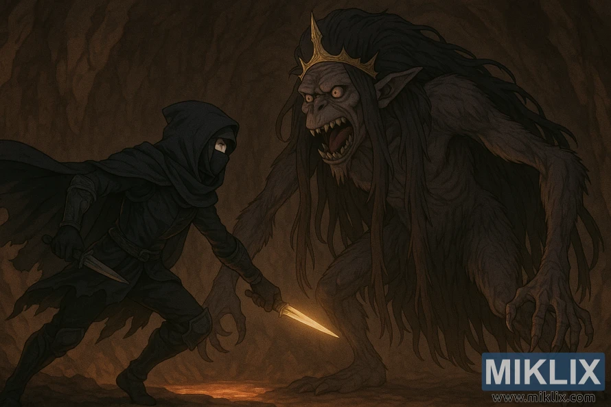 Anime-style scene of the Tarnished in Black Knife armor facing the towering Demi-Human Queen Margot inside a fiery cave.
