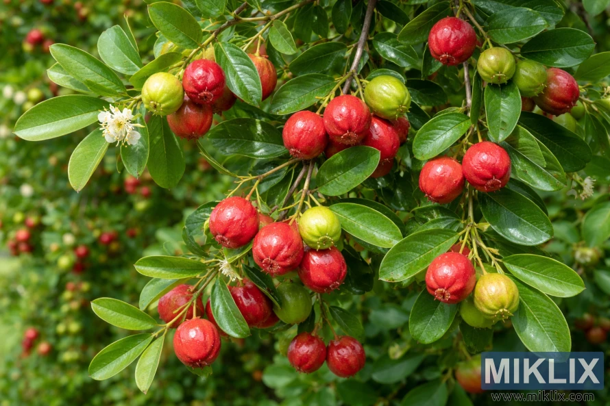 High-resolution photo of a strawberry guava tree with glossy green leaves, red and green fruits, and small white flowers.