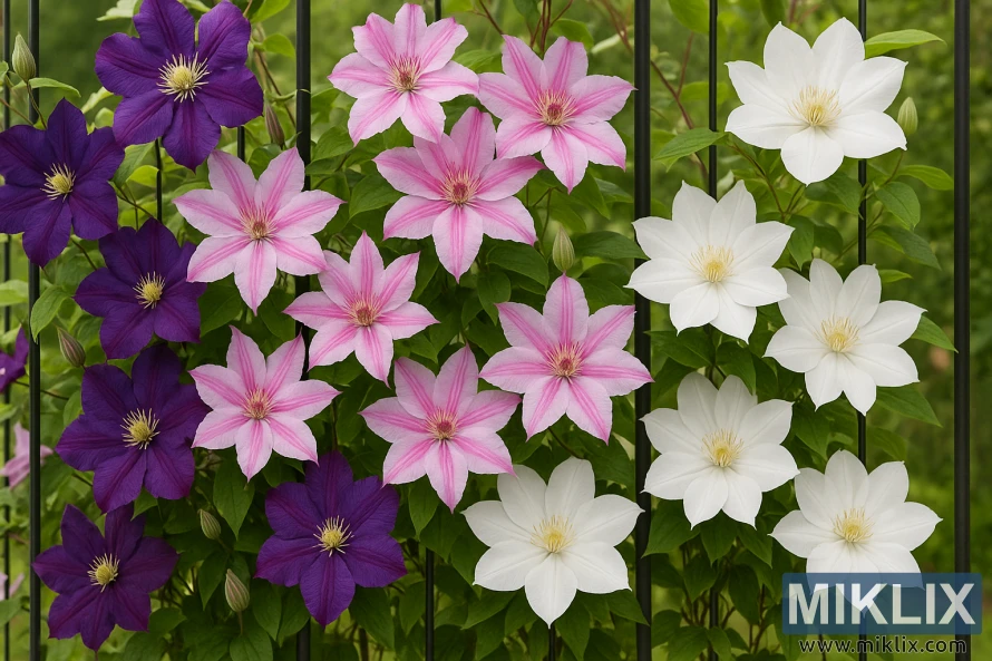 Purple, pink, and white clematis flowers climbing a black metal trellis in a lush garden.