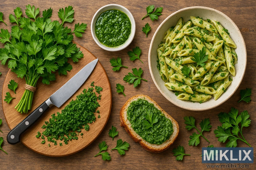 Fresh parsley used in various culinary dishes including pasta, dip, and herb spread