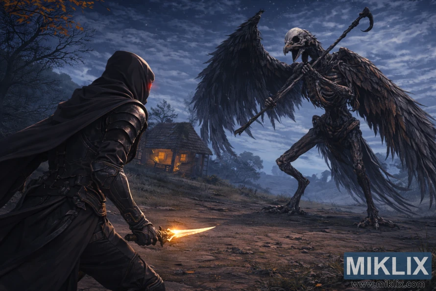 Artă în stil anime a unui fan al Inelului Elden cu Tarnished în armură Black Knife, văzută din spate în stânga, confruntându-se cu o Pasăre a Morții gigantică cu craniu de pasăre lângă o colibă luminată noaptea.