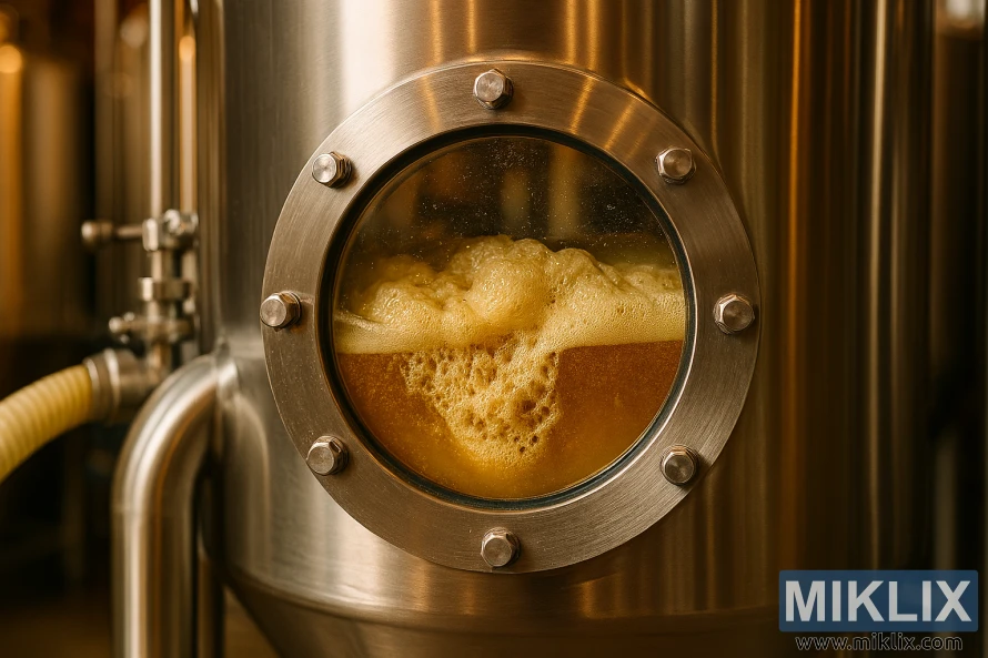 Detailný záber fermentora z nehrdzavejúcej ocele so skleneným oknom zobrazujúcim aktívne kvasiace nemecké ležiakové pivo Detailný záber fermentora z nehrdzavejúcej ocele so skleneným oknom zobrazujúcim aktívne kvasiace nemecké ležiakové pivo