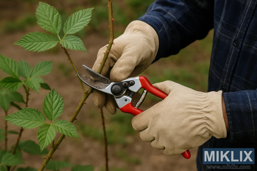 Sodininkas, mūvėdamas pirštines, geni gervuogės lazdelę raudonomis rankenomis žirklėmis sode. Sodininkas, mūvėdamas pirštines, geni gervuogės lazdelę raudonomis rankenomis žirklėmis sode.