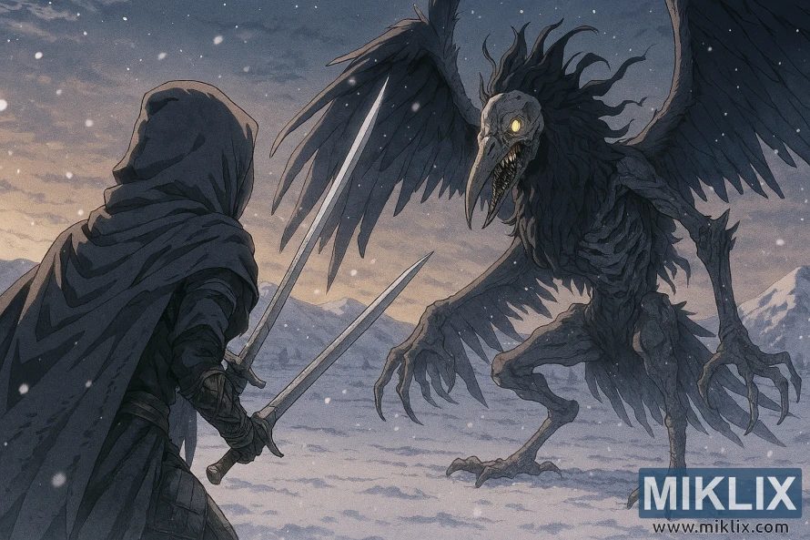 ଏକ ତୁଷାରପାତପୂର୍ଣ୍ଣ ଏଲଡେନ୍ ରିଙ୍ଗ ଲ୍ୟାଣ୍ଡସ୍କେପ୍ରେ ଡେଥ୍ ରାଇଟ୍ ପକ୍ଷୀକୁ ସାମ୍ନା କରୁଥିବା ଏକ କଳା ଛୁରି ହତ୍ୟାକାରୀଙ୍କ ଆନିମେ-ଶୈଳୀର ପ୍ରଶଂସକ କଳା ଏକ ତୁଷାରପାତପୂର୍ଣ୍ଣ ଏଲଡେନ୍ ରିଙ୍ଗ ଲ୍ୟାଣ୍ଡସ୍କେପ୍ରେ ଡେଥ୍ ରାଇଟ୍ ପକ୍ଷୀକୁ ସାମ୍ନା କରୁଥିବା ଏକ କଳା ଛୁରି ହତ୍ୟାକାରୀଙ୍କ ଆନିମେ-ଶୈଳୀର ପ୍ରଶଂସକ କଳା