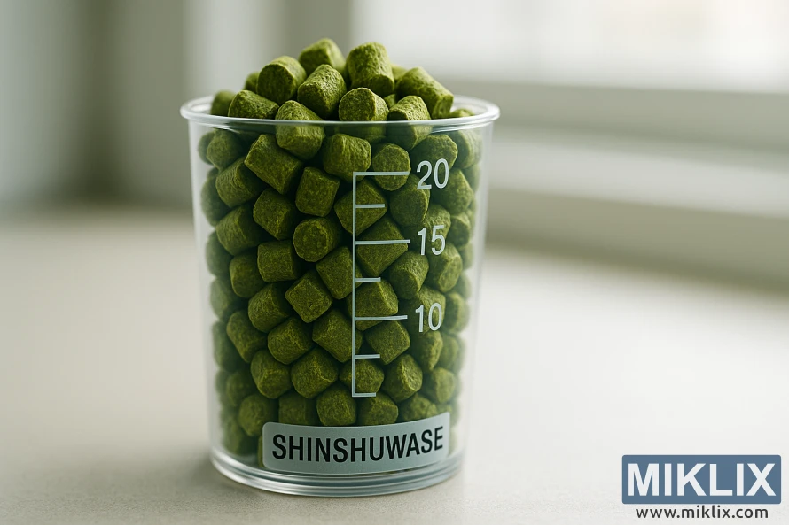 Närbild av en graderad doseringskopp fylld med Shinshuwase-humlepellets upplyst av naturligt dagsljus.