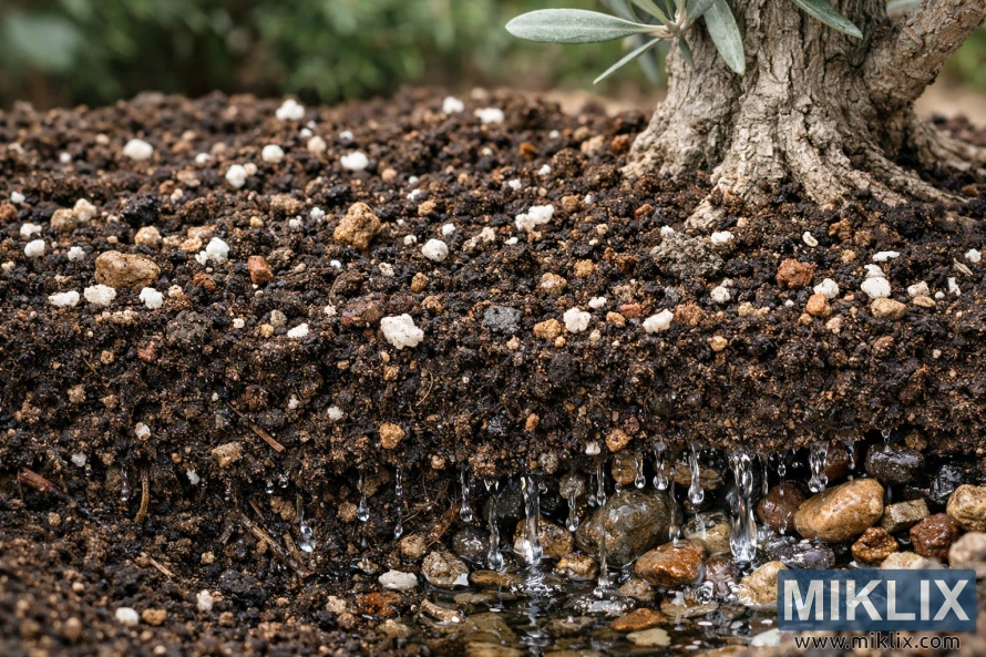 जैतुनको रूखहरूको लागि राम्रो पानी निकास हुने माटोको मिश्रणको क्लोज-अप, जसमा परलाइट, लाभा ढुङ्गा, कंकड र रूखको फेदमा देखिने पानी निकास रहेको छ।